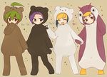  :d ahoge animal_costume bear_costume bird blonde_hair blue_hair green_hair kotona_(k0t0kun) multicolored_hair multiple_boys open_mouth penguin penguin_costume purple_hair red_eyes red_hair sakaki_yuuya smile sweatdrop two-tone_hair yuu-gi-ou yuu-gi-ou_arc-v yuugo_(yuu-gi-ou_arc-v) yuuri_(yuu-gi-ou_arc-v) yuuto_(yuu-gi-ou_arc-v) 