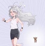  1girl absurdres bare_arms bare_shoulders black_shorts closed_eyes dog fleeing floating_hair frown grey_hair headband highres indie_virtual_youtuber liman_art long_hair nisha_(vtuber) open_mouth running shirt shorts sleeveless sleeveless_shirt solo speed_lines sportswear sweat tearing_up virtual_youtuber white_headband white_shirt wristband 