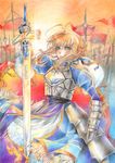  absurdres ahoge armor armored_dress artoria_pendragon_(all) bangs blue_dress braid breastplate cape colored_pencil_(medium) dress eyelashes fate/stay_night fate_(series) faulds flag fur-trimmed_cape fur_trim gauntlets green_eyes hair_bun hair_ribbon highres holding holding_sword holding_weapon juliet_sleeves long_sleeves looking_at_viewer pennant princess_ailish puffy_sleeves ribbon saber serious solo sunlight sunrise sword tassel traditional_media weapon wind 