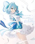  1girl ;d absurdres blue_eyes blue_hair bow commission gloves grin hair_ornament hair_ribbon highres honotai looking_at_viewer mahou_shoujo_tyrant_sylph one_eye_closed original ribbon second-party_source skirt smile solo striped striped_bow translation_request v white_gloves white_skirt 