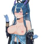  1girl arknights black_coat blue_hair blush breasts coat colored_skin dragon_girl dragon_horns embarrassed fellatio_gesture heart heart-shaped_pupils heavy_breathing horns large_breasts ling_(arknights) ling_(towering_is_cliff_of_nostalgia)_(arknights) long_hair nipples open_mouth ponytail symbol-shaped_pupils very_long_hair white_background yingwuxie99 