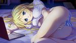  akino_takehiko ass bare_legs bed blonde_hair blue_eyes blush breasts computer dark game_cg laptop long_hair lying masturbation masturbation_through_clothing medium_breasts no_bra on_bed on_side panties pussy_juice sasaki_hinahime shirt smile solo striped striped_panties sumire_(game) t-shirt underboob underwear wet wet_clothes wet_panties 