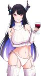  1girl absurdres arm_under_breasts black_hair blue_hair breasts colored_inner_hair cowboy_shot cup detached_sleeves drinking_glass english_commentary grin highres holding holding_cup hololive hololive_english large_breasts long_hair looking_at_viewer meme_attire mole mole_under_eye multicolored_hair nerissa_ravencroft panties red_eyes simple_background smile solo sweater takoroki thighhighs turtleneck turtleneck_sweater two-tone_hair underwear very_long_hair virgin_destroyer_sweater virtual_youtuber white_background white_panties white_thighhighs wine_glass 