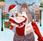  1boy 1girl adventurer_(ff14) animal_costume antlers boots bow bowtie breasts christmas fake_antlers final_fantasy final_fantasy_xiv fur_trim gift grey_hair hat hood jamjamstyle large_breasts lipstick_mark lipstick_mark_on_face looking_at_viewer reindeer_costume santa_costume santa_hat snow snowing thigh_boots thighhighs venat_(ff14) warrior_of_light_(ff14) 