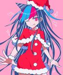  1girl ;) alternate_costume black_hair bow bowtie capelet cowboy_shot danganronpa_(series) danganronpa_2:_goodbye_despair dress ear_piercing fur-trimmed_capelet fur-trimmed_dress fur_bracelet fur_trim green_hair hat highres mioda_ibuki one_eye_closed piercing pink_background red_bow red_bowtie red_capelet red_dress red_hair red_headwear santa_hat simple_background smile solo striped striped_bow striped_bowtie todoroki_gk2 white_hair 