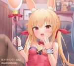  1girl animal_ear_fluff animal_ears bare_shoulders blonde_hair blush bow bowtie breasts company_name copyright_notice couch covered_navel cup detached_collar dot_nose fake_animal_ears grape_juice hashtag highres juice leotard little_witch_nobeta looking_at_viewer nobeta official_art on_couch open_mouth pantyhose playboy_bunny plum_juice rabbit_ears red_eyes red_leotard small_breasts solo strapless strapless_leotard teeth twintails upper_teeth_only white_wrist_cuffs wrist_cuffs 