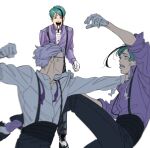  3boys anger_vein angry aqua_hair azul_ashengrotto battle black_hair black_pants bow bowtie brothers clenched_hand clenched_teeth clothes_grab collared_shirt dress_shirt duel excited floyd_leech fuse_(2sau3) glasses gloves grey_hair heterochromia highres jade_leech kicking looking_at_another male_focus microphone_wand motion_blur multicolored_hair multiple_boys neck_grab open_mouth outstretched_arms pants punching purple_shirt purple_socks shirt shirt_tucked_in shoes siblings simple_background sleeves_rolled_up sneakers socks streaked_hair suspenders teeth twins twisted_wonderland undone_bowtie white_background white_footwear white_gloves white_shirt yellow_eyes 