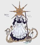  1girl alternate_costume animal apron black_choker black_dress blush broom bucket choker dark_souls_(series) dark_souls_i dark_sun_gwyndolin dress enmaided full_body gold_headwear grey_background hand_on_own_hip highres holding holding_broom juliet_sleeves long_sleeves maid puffy_sleeves simple_background snake solo spiked_helmet translation_request water white_apron zunkome 