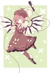  animal_ears bad_id bad_pixiv_id daizu_(melon-lemon) dress earrings fingernails hat highres jewelry kneehighs long_fingernails long_sleeves microphone mystia_lorelei one_eye_closed pink_eyes pink_hair shoes short_hair solo touhou winged_shoes wings 