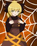  blonde_hair bow commentary_request hair_bow highres kurodani_yamame seo_haruto solo spider_web_background touhou yellow_eyes 