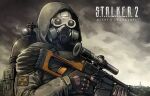  1boy armor black_gloves cloud cloudy_sky copyright_name fingerless_gloves gas_mask gloves gun highres holding holding_gun holding_weapon hood hood_up hooded_jacket jacket jazz_jack male_focus mask outdoors radiation_symbol rifle scope sky solo stalker_(game) stalker_2_(game) weapon 