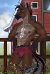 2023 anthro areola barn biped black_hair blue_sky bottomwear brown_body brown_fur bulge clothed clothing cloud countershade_fur countershade_torso countershading day digital_media_(artwork) equid equine eyebrows eyelashes farm fence fingers fur green_eyes grey_hair hair hi_res hooved_fingers hooves horse khalif_(breizhfurry) male mammal mane multicolored_hair multicolored_tail muscular muscular_anthro muscular_male nipples novery outside pink_inner_ear red_bottomwear red_clothing red_hair red_shorts shaded shorts sky solo standing tail topless wood wood_fence