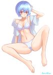  1girl absurdres arm_support artist_name ayanami_rei bacillus bare_shoulders barefoot blue_hair blush bra breasts cameltoe closed_mouth collarbone commentary_request feet full_body hair_between_eyes hand_on_own_head highres knee_up legs looking_at_viewer medium_breasts midriff nail_polish navel neon_genesis_evangelion off_shoulder open_clothes open_shirt paid_reward_available panties parted_lips pink_nails pout red_eyes shirt short_hair short_sleeves signature simple_background sitting solo spread_legs toenail_polish toenails toes underwear white_background white_bra white_panties white_shirt wide_spread_legs 