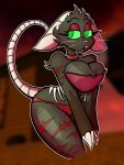 anthro big_breasts big_butt black_body black_fur black_nose bluddly breasts butt claws collar curvy_figure dusk_(bluddly) female fur green_eyes hi_res hourglass_figure mammal murid murine rat rib_cage rodent scar solo thick_thighs