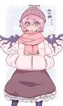  1girl adapted_costume animal_ears bird_ears bird_wings black_pantyhose breath brown_dress brown_headwear dress earrings frilled_dress frills fringe_trim hands_in_pockets hat jacket jewelry long_sleeves looking_at_viewer mystia_lorelei pantyhose parted_lips pink_eyes pink_hair pink_scarf scarf shio_(futatsumami) short_hair single_earring solo touhou translation_request white_jacket white_wings winged_hat wings 