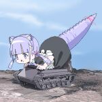  1girl animal_ears bad_id bad_twitter_id black_skirt blue_sky blunt_bangs bow cat_ear_hairband cat_ears dinosaur_tail dinosaur_tank fake_animal_ears giant giantess inactive_account jaggy_lines lokulo-chan lokulo_no_mawashimono lowres lying military_vehicle motor_vehicle oekaki on_stomach open_mouth original outdoors parody purple_eyes purple_hair riding shoes skirt sky solo tail tail_bow tail_ornament tank twintails ultra_series ultra_seven_(series) 