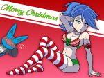 2023 4:3 ambiguous_gender anthro bailey_(knight-of-syrinx) black_body black_fur blue_body blue_eyes blue_fur blue_hair blush blush_lines bodily_fluids canid canine christmas christmas_clothing clothing digital_media_(artwork) english_text female fur generation_4_pokemon hair hi_res holidays human knight-of-syrinx legwear lingerie lucario mammal merry_christmas nintendo pinup pokemon pokemon_(species) pose stockings sweat tan_body tan_fur text underwear