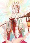  1girl absurdres bow-shaped_hair breasts chinese_clothes cleavage colored_skin commentary cowboy_shot dragon_girl dragon_horns dragon_tail dress eyeshadow facial_mark forehead_mark frilled_sleeves frills from_side furry furry_female halo hanfu highres holding holding_staff horns jacket kawarage_yatano lantern long_sleeves looking_at_viewer makeup medium_hair original pointy_ears red_dress red_eyeshadow scales sidelocks simple_background slit_pupils solo staff standing tail tassel white_background white_hair white_jacket white_skin wide_sleeves yellow_eyes 