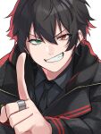  1boy black_hair collared_shirt fang green_eyes grin heterochromia highres hypnosis_mic jacket jewelry kishinaito long_sleeves looking_at_viewer male_focus mole mole_under_eye multicolored_hair necktie pointing pointing_at_viewer red_eyes red_hair ring shirt smile solo upper_body v-shaped_eyebrows yamada_ichiro 