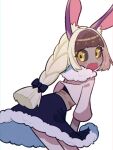  1girl animal_ears black_bow black_dress black_sclera blonde_hair blush bow braid brown_hair brown_sash colored_sclera colored_skin cropped_legs dark_skin dress embarrassed fur-trimmed_dress fur-trimmed_jacket fur_trim grey_jacket hair_bow holding holding_clothes holding_dress jacket lagombi long_sleeves looking_at_viewer looking_back monster_hunter_(series) multicolored_hair open_mouth personification rabbit_ears simple_background single_braid solo two-tone_hair user_ttug5452 white_skin 