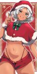  1girl absurdres alternate_costume black_panties blush breasts capelet christmas cowboy_shot dark-skinned_female dark_skin green_eyes grey_hair gundam gundam_suisei_no_majo highres mizuno374 navel open_mouth panties red_background santa_costume secelia_dote short_hair smile solo underwear white_background 