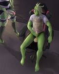 absurd_res anthro balls barefoot bodily_fluids claws clothed clothing digital_media_(artwork) duo erection eyewear feet female gaming_chair genital_fluids genitals glans glasses green_body hair hi_res iguanid inside lizard maid_uniform male male/female multicolored_body open_mouth peeing peeing_on_another penis pink_eyes pink_glans purple_eyes reptile scales scalie shirt tan_balls tan_penis toe_curl tongue topwear two_tone_body uniform urine urine_pooling urine_stream veryloudopossum watersports wetting white_clothing white_shirt white_topwear