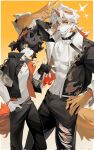  2boys aak_(arknights) abs animal_ears arknights bare_pectorals black_pants braid collar ear_piercing fang fang_out fingerless_gloves furry furry_male gloves hair_over_one_eye hand_in_pocket hand_on_own_hip hand_up hashtag_only_commentary highres horns hung_(arknights) looking_at_viewer male_focus multiple_boys one_eye_closed one_eye_covered pants pectorals piercing ponytail shirt single_horn smile sparkle tail torn_clothes torn_pants white_shirt yaoyaore 
