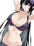  1girl armpits arms_up bare_shoulders black_hair blush bra breasts cleavage hair_ornament haite_kudasai_takamine-san hiiragi_yuuichi large_breasts long_hair looking_at_viewer navel original parted_lips purple_bra red_eyes simple_background solo stomach takamine_takane underwear white_background 