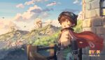  1boy blue_sky brown_hair cape child cloud dated even1672 fake_horns helmet horned_helmet horns looking_ahead made_in_abyss male_focus mechanical_arms open_mouth pointy_ears red_cape regu_(made_in_abyss) scenery short_hair sky solo topless_male wide-eyed windmill yellow_eyes 