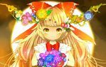  bad_id bad_pixiv_id bangs blonde_hair bouquet earrings flower hair_flower hair_ornament hair_ribbon halftone halftone_background highres horn_flower horn_ornament horns hybrid_(1212apro) ibuki_suika jewelry long_hair looking_at_viewer pointy_ears ribbon shirt sleeveless sleeveless_shirt smile solo stud_earrings sun touhou upper_body yellow_eyes 