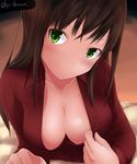  blush breasts brown_hair cleavage collarbone federica_n_doglio green_eyes large_breasts looking_at_viewer no_bra open_clothes open_shirt shintani_kyou shirt smile solo world_witches_series 