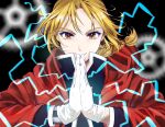 1boy absurdres blonde_hair braid brown_eyes edward_elric electricity fullmetal_alchemist gears high_collar highres jacket lavie_(cestbonlavie) long_hair long_sleeves looking_at_viewer male_focus own_hands_together smile solo straight-on upper_body 