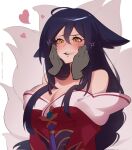  1girl ahri_(league_of_legends) artist_name bare_shoulders black_hair blush breasts cleavage collarbone commission dreamcharlie facial_mark fox_tail hair_between_eyes heart highres large_breasts league_of_legends long_hair long_sleeves multiple_tails open_mouth orange_eyes solo tail teeth upper_body whisker_markings 