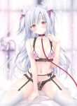  1girl :o absurdres animal_ear_fluff animal_ears bare_arms bare_shoulders black_bra black_panties blurry blurry_background blush bow bow_bra bow_panties bra breasts cat_ears cat_girl cat_tail collarbone commentary_request curtains depth_of_field frilled_bra frilled_panties frills garter_belt grey_hair hair_between_eyes hair_bow hand_up highres korie_riko long_hair looking_at_viewer medium_breasts nippleless_clothes original panties parted_bangs parted_lips pink_bow purple_bow red_eyes solo tail thighhighs transparent two_side_up underwear very_long_hair white_thighhighs window 