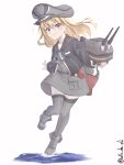  1girl absurdres adapted_turret aged_down anchor atodashi bismarck_(kancolle) blonde_hair blue_eyes cannon dress full_body grey_dress grey_thighhighs hat highres kantai_collection long_hair long_sleeves military_hat peaked_cap rigging smile solo standing standing_on_liquid thighhighs 
