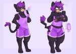 anthro black_body black_fur blush bodily_fluids bottle breast_growth breasts clothed clothing colored container drinking felid female fur gender_transformation growth hair hair_growth male mammal medium_breasts mtf_transformation nipples pantherine pawberry purple_hair sequence solo surprised_expression sweat sweatdrop tail thick_thighs torn_clothing transformation