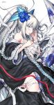  1girl black_bow black_kimono blue_eyes blush bow braid breasts fate/grand_order fate_(series) flower french_braid grey_hair hair_bow hair_flower hair_ornament highres japanese_clothes kimono kousaki_rui large_breasts long_hair looking_at_viewer morgan_le_fay_(fate) morgan_le_fay_(fgo_fes._2023)_(fate) open_mouth ponytail sidelocks solo very_long_hair 