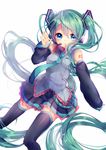  absurdly_long_hair blue_eyes detached_sleeves green_hair hatsune_miku headset long_hair looking_at_viewer necktie rinndouk skirt solo thighhighs twintails very_long_hair vocaloid white_background 