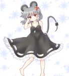  adapted_costume animal_ears bare_arms bare_shoulders barefoot bell collarbone dress gem grey_dress grey_hair hair_bobbles hair_ornament hand_in_hair head_tilt highres jewelry looking_at_viewer mofu_mofu mouse_ears mouse_tail nazrin necklace pendant red_eyes silver_hair sleeveless sleeveless_dress smile solo tail tail_bell touhou 