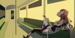  1girl absurdres alternate_costume ankle_boots bare_shoulders boots closed_mouth earrings frills hair_between_eyes highres holding horns jewelry knee_up leaning_back lying nail_polish on_back pointy_ears red_hair sitting solo sunset train_interior 