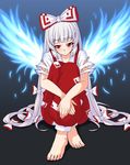  albino barefoot blue_background blue_fire blush bow feet fiery_wings fire fujiwara_no_mokou full_body gradient gradient_background hair_bow hair_ornament hair_ribbon highres jpeg_artifacts leg_hug long_hair looking_away pants red_eyes ribbon shirt short_sleeves sitting solo toes torn_clothes torn_sleeves touhou utakata_(azaka00) very_long_hair white_hair wings 