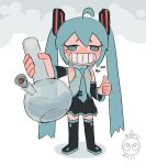  1girl ahoge aqua_eyes aqua_hair aqua_necktie artist_name black_footwear black_skirt blue_shirt bong boots drugs grin hatsune_miku holding_bong long_hair necktie shirt skirt smile smoke solo soru stoned tearing_up teeth thigh_boots thumbs_up twintails vocaloid 