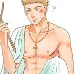  1boy ? artist_request bad_id bad_pixiv_id bed_sheet blonde_hair blush cross_scar holding holding_stick kawabuchi_sentarou light_particles male_focus naked_sheet nipples parted_lips rosary sakamichi_no_apollon scar scar_on_cheek scar_on_face short_hair simple_background solo stick sweatdrop third-party_source topless_male upper_body white_background 