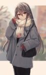  1girl artist_name bag black_hair black_pants blush brown_eyes closed_mouth coat cowboy_shot fringe_trim grey_coat hair_between_eyes hair_ornament hairband hairclip haruna_(kancolle) kantai_collection long_hair long_sleeves looking_at_viewer pants scarf shoulder_bag signature smile solo white_hairband white_scarf wss_(nicoseiga19993411) 