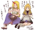  bandaid bare_shoulders blonde_hair blush cat chain closed_eyes collarbone cuffs dated full_body geta grin horn hoshiguma_yuugi jpeg_artifacts kaenbyou_rin kaenbyou_rin_(cat) kishiinu knitting long_hair looking_at_another mary_janes mizuhashi_parsee multiple_girls multiple_tails pointy_ears ponytail sarashi shirt shoes short_hair short_sleeves signature simple_background sitting skirt smile socks star sweatdrop tail text_focus touhou translation_request turtleneck vest white_background white_legwear 