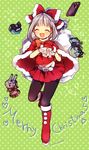  :3 :d ^_^ artist_name bad_id bad_pixiv_id bangs blush_stickers boots closed_eyes gift hair_ribbon heart innertube kantai_collection machinery merry_christmas midriff mittens natsumi_(natumi06) navel open_mouth pantyhose ponytail red_footwear rensouhou-chan ribbon santa_costume silver_hair smile solo sparkle star turret twitter_username yuubari_(kantai_collection) 