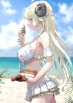  1girl beach blonde_hair breasts chopsticks food hair_ornament hairclip highres holding holding_food holding_ice_cream hololive hololive_summer_2023_swimsuit horns ice_cream large_breasts mitsuru_(pixiv_34028718) noodles official_alternate_costume purple_eyes sheep_girl sheep_horns sheep_tail sideboob soba soda soda_bottle tail tsunomaki_watame virtual_youtuber 