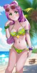  1girl absurdres armlet ass_visible_through_thighs bare_arms bare_legs beach bikini blue_sky bow-shaped_hair bracelet breasts cleavage cloud collarbone earrings eyewear_on_head flower_earrings green-framed_eyewear green_bikini green_eyes highres jewelry long_hair medium_breasts miriam_(pokemon) msyz multicolored_hair palm_tree pink_hair pokemon pokemon_sv purple_hair red-tinted_eyewear sky solo streaked_hair sunglasses swept_bangs swimsuit tinted_eyewear tree 