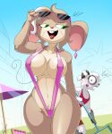 age_difference anthro beatrice_(lechugansfw) bikini braces breasts canid canine canis clothing detailed_background domestic_dog eyewear female hi_res lechugansfw looking_back male mammal mouse murid murine nipple_slip older_female poolside public public_nudity rodent sunglasses swimwear tongue tongue_out