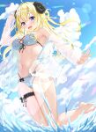 1girl :d absurdres ahoge animal_ears arm_up bare_shoulders barefoot bikini blonde_hair blue_sky blush breasts bridal_garter cloud commentary_request curled_horns day feet floating_hair flower foot_out_of_frame hair_flower hair_ornament highres hololive horns knees_together_feet_apart leg_up long_hair long_sleeves looking_at_viewer medium_breasts navel off_shoulder open_clothes open_mouth open_shirt outdoors purple_eyes see-through see-through_shirt sheep_ears sheep_girl sheep_horns shimo_(shimo332215) shirt sidelocks sky smile solo stomach swimsuit tsunomaki_watame virtual_youtuber water wet wet_clothes wet_shirt white_bikini white_flower white_shirt 